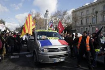 Momento de la manifestaci&oacute;n de taxistas en Madrid,