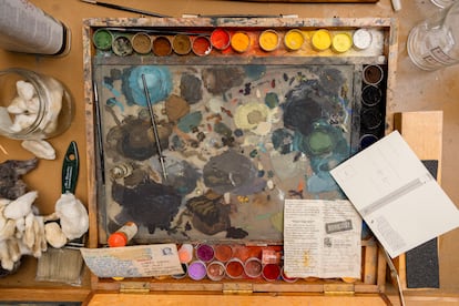 Palette of paints in the Restoration and Conservation workshop of the National Gallery.