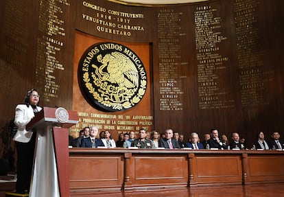 La ministra presidente Norma Piña durante su participación en la ceremonia del 106 aniversario de la promulgación de la Constitución.