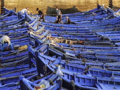 Una flota de pesqueros, los llamados “barcos azules”, en el muelle de Essaouira enfilando el Atlántico.
