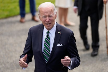 President Joe Biden talks with reporters after meeting with Irish President Michael Higgins at Aras an Uachtarain, the presidential residence, on April 13, 2023, in Dublin, Ireland.