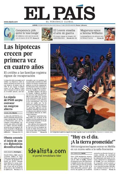 500 inmigrantes entraron en Melilla en el salto que unas 2.000 personas intentaron dar a la valla que separa la ciudad del territorio marroquí durante una madrugada de finales de mayo. La imagen de alegría que vemos en esta portada subraya la entidad de un problema que el Ministerio del Interior calificaba de gravedad "extrema".<p> <b>Noticia</b>: <a href="http://politica.elpais.com/politica/2014/05/28/actualidad/1401302965_953186.html" target="blank">“¡A la tierra prometida! ¡Yalaaaa!”</a>