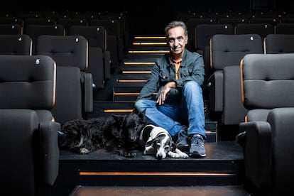 Miguel Ángel Pérez, uno de los socios de los Cines Embajadores, en una de las salas de su segundo cine en la calle Ercilla 53, en Madrid, con sus perras.