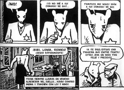 <b>Unas viñetas de 'Maus', 1991, de Art Spiegelman.</b> El dibujante Art Spiegelman (Estocolmo, Suecia, 1948) se enfrenta también al horror inenarrable del Holocausto. Su obra 'Maus' es una exploración del trauma de su padre, que vivió en primera persona el exterminio. "Se enfrenta al concepto de inefabilidad. Y, en algún momento él mismo lo explora, toma distancia a través de los dibujos animados, que en principio podría parecer algo 'naïf'. Esto le permite tomar distancia", analiza Raquel Crisóstomo, de la Universidad Internacional de Cataluña. Uno de los recursos más conocidos de la obra es la animalidad de sus personajes: los judíos son ratones y los nazis, gatos. "No estás viendo personas, son máscaras, un juego de espejos. Y eso, de alguna forma, te permite no acercarte del todo. Sin ánimo de ponerme morbosa, los montones de cadáveres también se muestran en 'Maus', pero no se recibe igual". Spiegelman vuelve a utilizar el recurso de tranformar a los hombres en ratones en su obra 'Sin la sombra de las torres', escrita tras los atentados del 11 de septiembre en Nueva York. Crisóstomo lo ve como un efecto del peso del horror: "En 'Maus' tiene un trauma, que es el de su padre. En el 11S, es el suyo. Trata de superarlos, pero no hay apenas cambios entre una obra y otra".