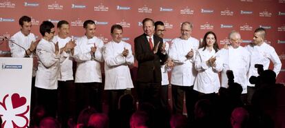 Michelin president Michael Ellis poses with the three-starred chefs at Wednesday’s presentation.