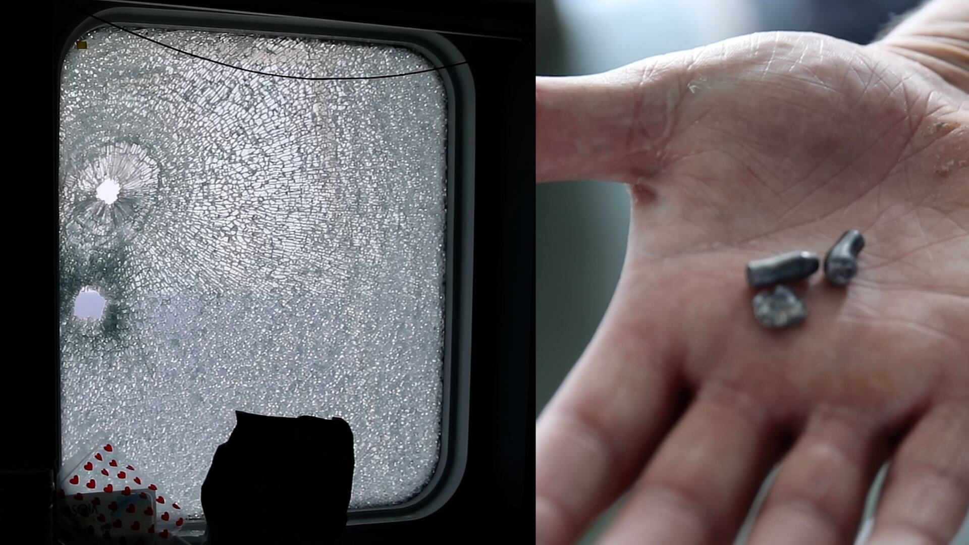 Huellas de los impactos de bala en la nave 'Ocean Viking', y algunos de los proyectiles disparados el pasado mes de agosto por la guardia costera libia.