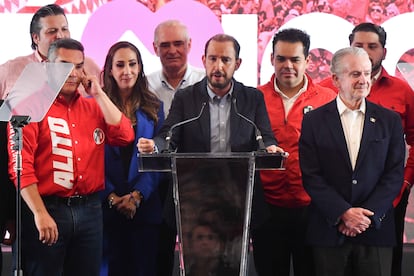 Alejandro Moreno Cárdenas, Marko Cortés, y Santiago Creel durante la conferencia de prensa para solicitar los datos oficiales del PREP el 2 de junio del 2024.