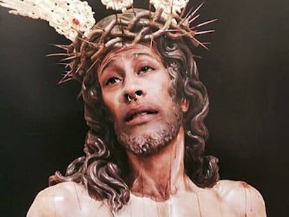 Fotomontaje del Cristo de la Amargura con la cara del condenado.