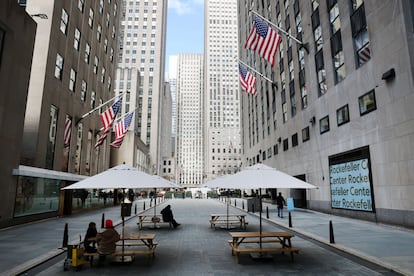 Office buildings, which make up the heart of midtown Manhattan, stand largely empty on March 04, 2021