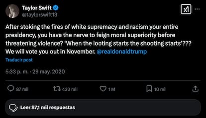 Mayo de 2020: Tras el asesinato de George Floyd, Taylor Swift criticó a Trump en X (antes Twitter) por su mensaje sobre los disturbios en Minnesota, acusándolo de “glorificar la violencia”. Y le dijo directamente: “Después de avivar el fuego de la supremacía blanca y el racismo durante toda su presidencia, ¿tiene el descaro de fingir superioridad moral antes de amenazar con la violencia?”