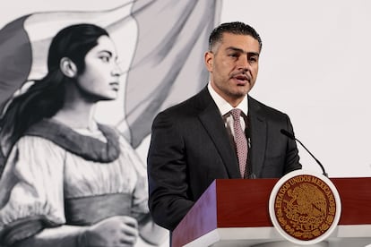 Omar García Harfuch en una conferencia de prensa, el 24 de marzo.
