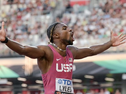 Noah Lyles, after winning the 100-meter race at the 2023 World Athletic Championships in Budapest, Hungary.