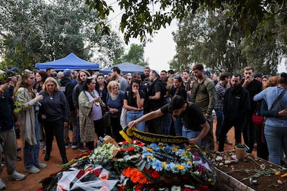 Friends and family mourn Alon Lulu Shamriz, one of three Israeli hostages killed "mistakenly" by the Israeli army, at his funeral in Shefayim, Israel, on Sunday.