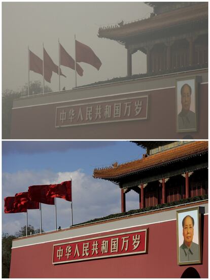 A combination photo shows the giant portrait of Chinese late chairman Mao Zedong on the Tiananmen gate on a smoggy day on December 1, 2015 (top), and on a sunny day on December 2, 2015 (bottom), after a fresh cold front cleared the smog that was blanketing Beijing, China. REUTERS/Kim Kyung-Hoon (top) and Damir Sagolj (bottom)