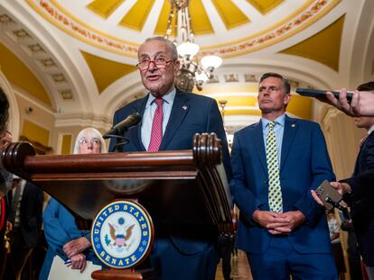 Senate Majority Leader Chuck Schumer responds to a question from the news media during a post policy luncheon press briefing in the US Capitol in Washington, DC, USA, 12 September 2023.