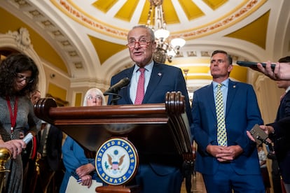 Senate Majority Leader Chuck Schumer responds to a question from the news media during a post policy luncheon press briefing in the US Capitol in Washington, DC, USA, 12 September 2023.