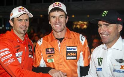 Cyril Despres, Marc Coma y Stephane Peterhansel asisten a la presentación del Rally Dakar de 2013