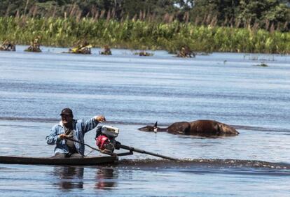 Un hombre en las inundaciones al noroeste de Bolivia