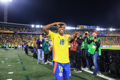 Linda Caicedo de Colombia celebra durante el partido del Grupo A de la Copa Mundial Femenina Sub-20 de la FIFA Colombia, en Bogotá, en 2024.