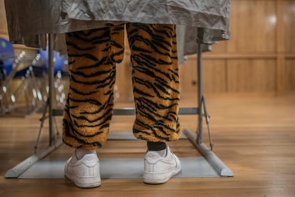 Una persona disfrazada vota en un colegio electoral en Xinzo de Limia (Ourense), este domingo.
