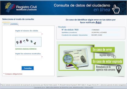 Captura del Registro Civil de Ecuador.