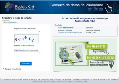 Captura del Registro Civil de Ecuador.