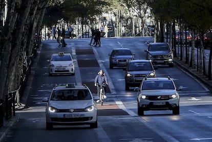 Un ciclista pasa por el carril bici de los bulevares. 