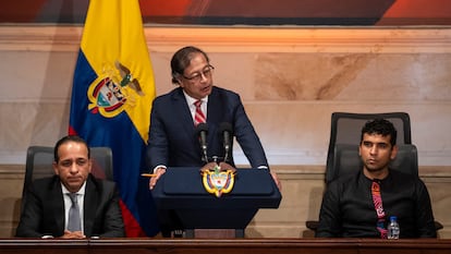 El presidente Gustavo Petro da un discurso durante la instalación del congreso de la república, en Bogotá, el 20 de Julio del 2023.