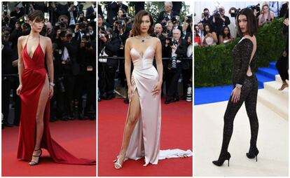 De izquierda a derecha: la modelo en el Festival de Cannes de 2016 y 2017 y en la pasada gala del Met de Nueva York.