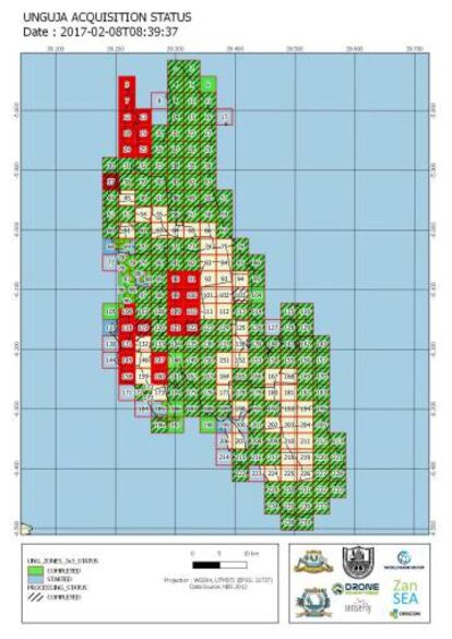 Cuadrícula que representa el progreso del proyecto de mapeo de la isla de Unguja. En verde, el territorio mapeado, en beige, el que queda por hacer, y en amarillo el que está ocupado por zonas militares y por el aeropuerto.