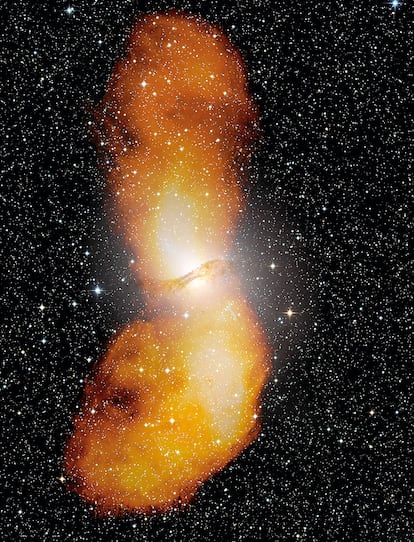 Nine radio telescopes have managed to capture this gigantic sinkhole in the center of the Centaurus A galaxy.