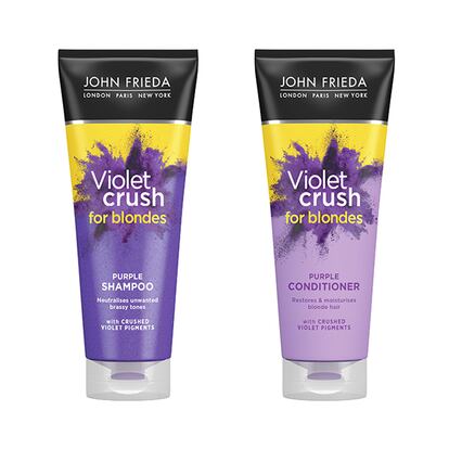 Champú y acondicionador Violet Crush de John Frieda, sutiles y delicados para usar a diario.