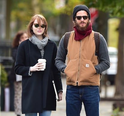 Emma Stone and Andrew Garfield out and about in New York in 2014. The actors met during the filming of 'Spider-Man' and dated for four years. 