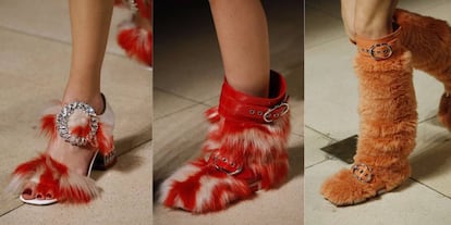 Tres de las propuestas de Miu Miu de calzado peludo, presentados en la Semana de la Moda de París.