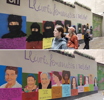 El mural feminista de la calle de la Bòria, esta mañana vandalizado y antes, con su aspecto original.