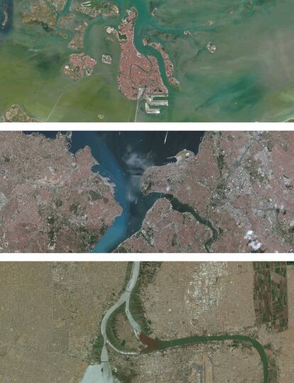 De arriba abajo: Venecia: una ciudad geográficamente aislada; Estambul: una ciudad dividida por el mar; Jartum: dos ríos y tres áreas urbanas.
