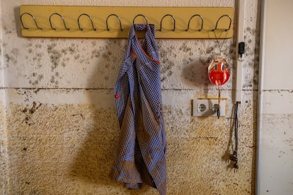 Detalle en la pared del nivel de agua que llegó durante la riada en el colegio Lluís Vives de Massanassa.