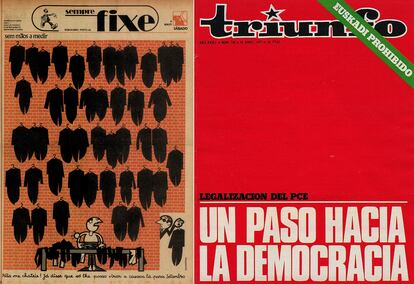 A la izquierda, portada del semanario portugués 'Fixe' con una caricatura de Joao Abel Manta sobre los "chaqueteros", los fieles de la dictadura que se declararon demócratas durante la revolución. A la derecha, portada de la revista 'Triunfo' del 16 de abril de 1977 con la noticia de la legalización del Partido Comunista Español.