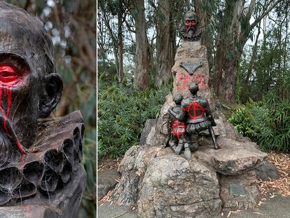 La estatua de Cervantes vandalizada con pintura roja en San Francisco, California.