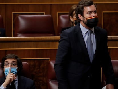 El portavoz de Vox en el Congreso, Iván Espinosa de los Monteros (de pie) y el diputado de su grupo José María Figaredo, el pasado 21 de abril en el Congreso.