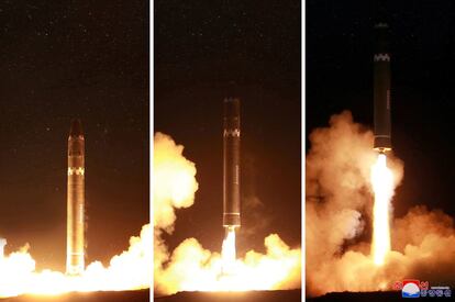 Combo de imágenes del lanzamiento del misil en Corea del Norte.