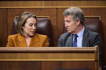 La secretaria general del PP, Cuca Gamarra y el presidente del PP, Alberto Núñez Feijóo, en el Congreso este martes.