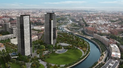 Proyección del ámbito urbanístico del Calderón, con dos rascacielos de 36 pisos junto al Manzanares.