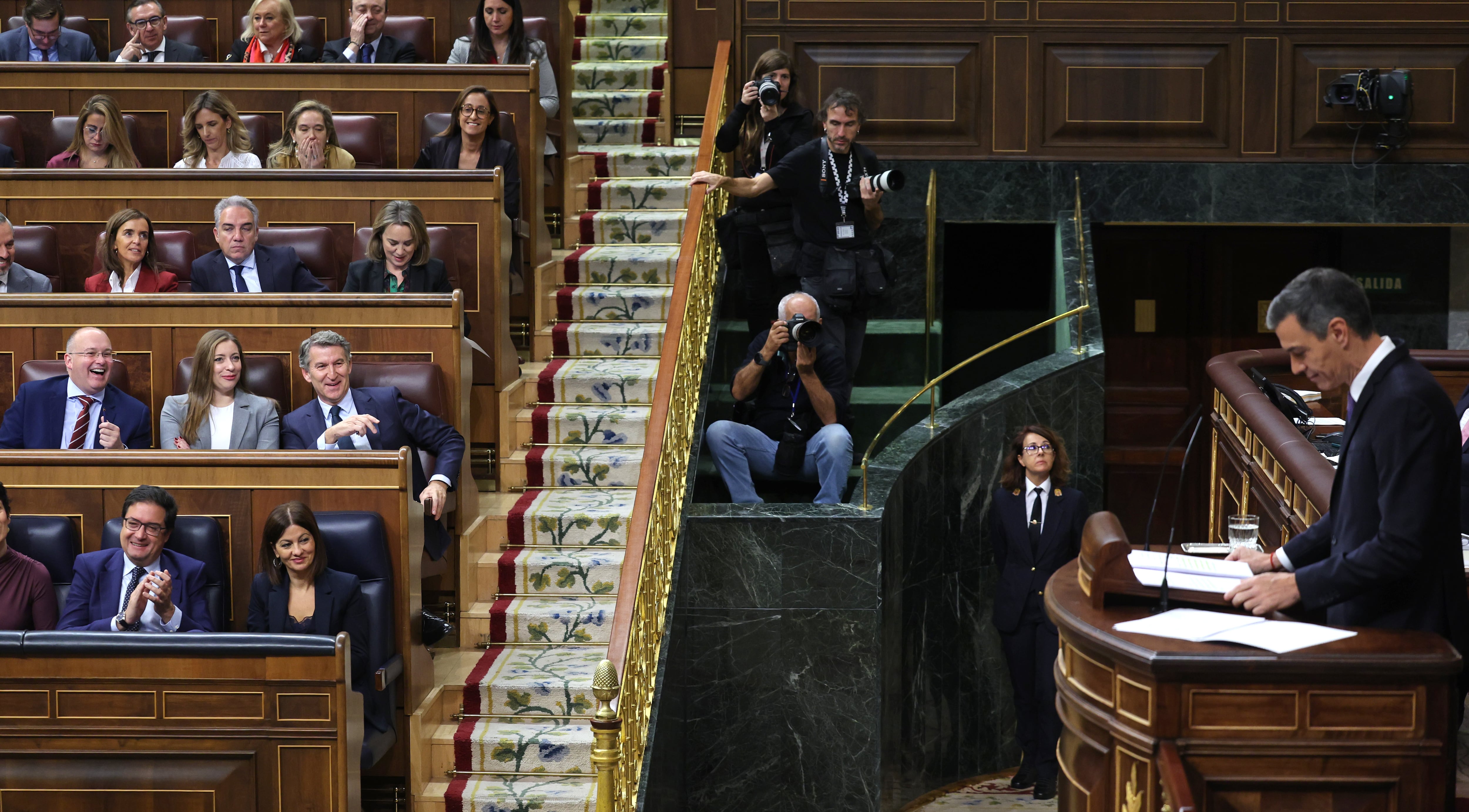 El presidente del Gobierno, Pedro Sánchez, durante su intervención en el pleno del Congreso, este miércoles. 