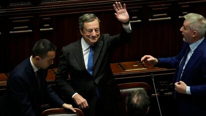 Mario Draghi, el jueves en el Parlamento italiano tras confirmar su dimisión.