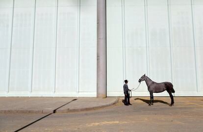 Un jinete andaluz espera con su caballo para competir en un concurso morfológico durante el Salón Internacional del Caballo de Pura Raza Española, en Sevilla.