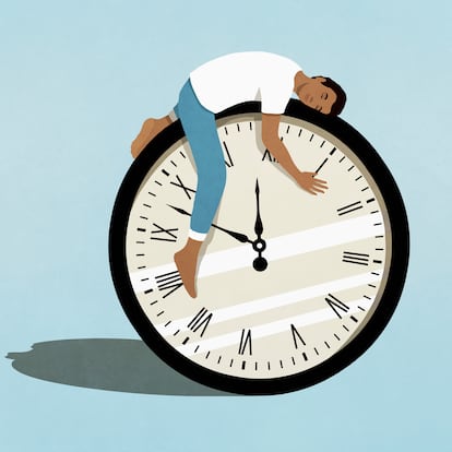 Man sleeping on top of clock