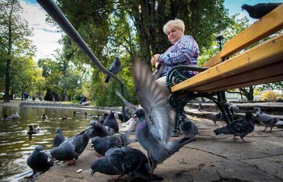 Una mujer da de comer a una palomas en el parque Stadtpark de Viena (Austria).