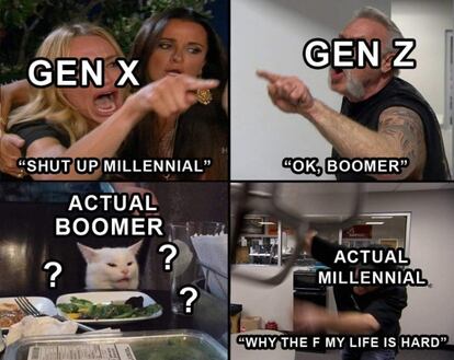Este meme muestra, con humor, cómo se enfrentan las diferentes generaciones. Su traducción sería la siguiente. Generación X: "Calla, millennial". Generación Z: "OK, boomer". Boomer de verdad: "¿?" Millennial de verdad: 2¿Por qué coj***** mi vida es tan difícil?".
