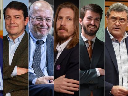 Desde la izquierda, Luis Tudanca (PSOE), Alfonso Fernández Mañueco (PP), Francisco Igea (Ciudadanos), Pablo Fernández (Unidas Podemos), Juan García-Gallardo (Vox), Luis Mariano Santos (UPL), Pedro Pascual (Por Ávila) y Ángel Ceña (Soria ¡Ya!).